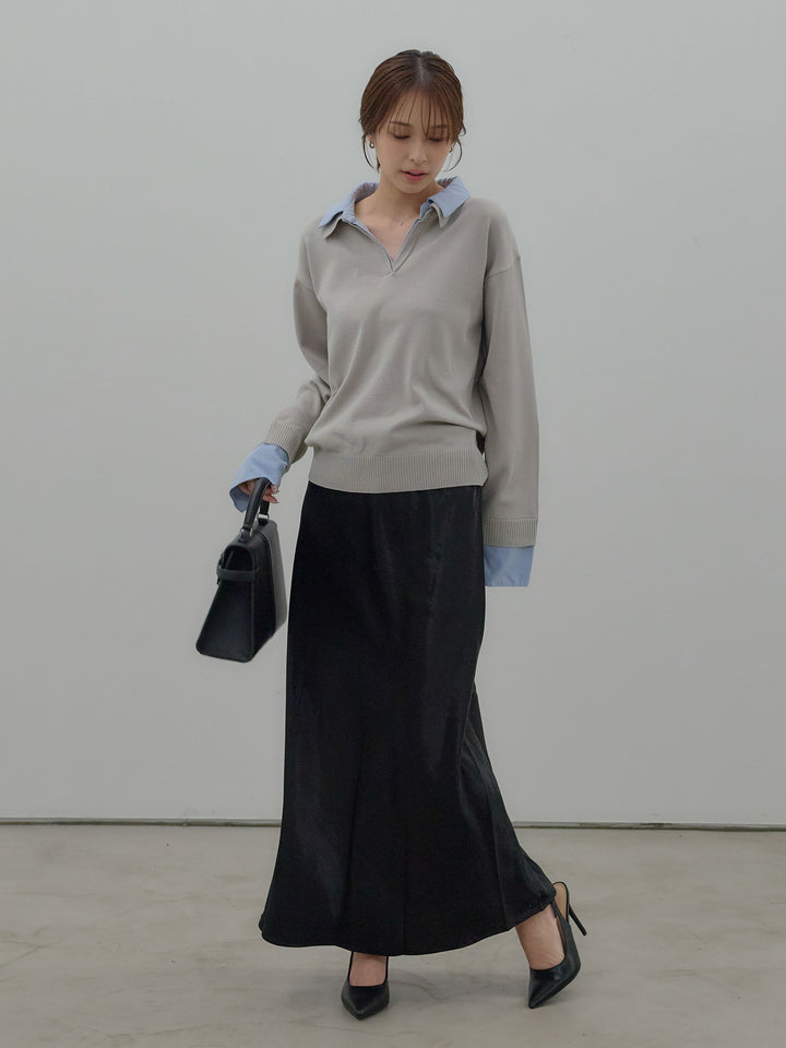 【SET】配色レイヤードプルオーバー+リュクスAラインサテンスカート(2set)