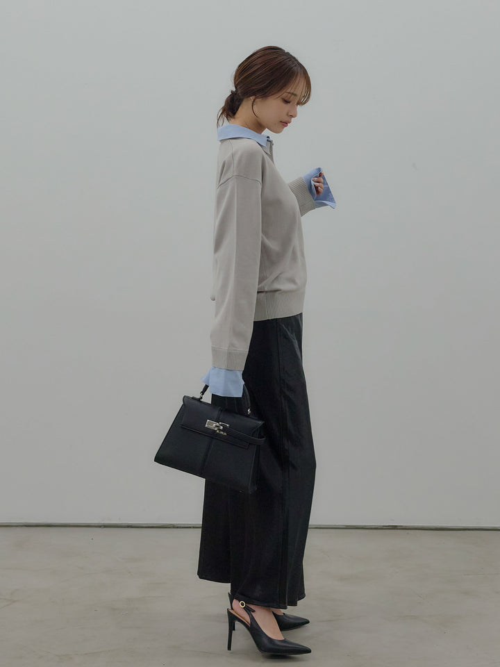 【SET】配色レイヤードプルオーバー+リュクスAラインサテンスカート(2set)