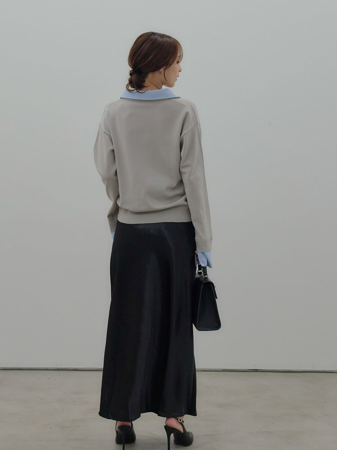 【SET】配色レイヤードプルオーバー+リュクスAラインサテンスカート(2set)