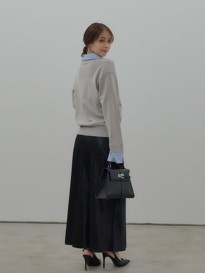 【SET】配色レイヤードプルオーバー+リュクスAラインサテンスカート(2set)