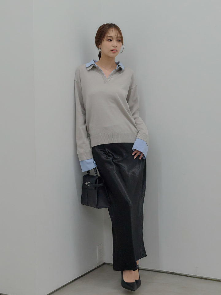 【SET】配色レイヤードプルオーバー+リュクスAラインサテンスカート(2set)