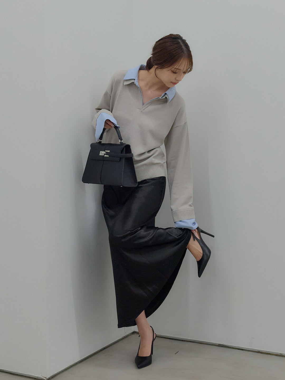 【SET】配色レイヤードプルオーバー+リュクスAラインサテンスカート(2set)