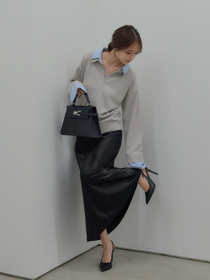 【SET】配色レイヤードプルオーバー+リュクスAラインサテンスカート(2set)