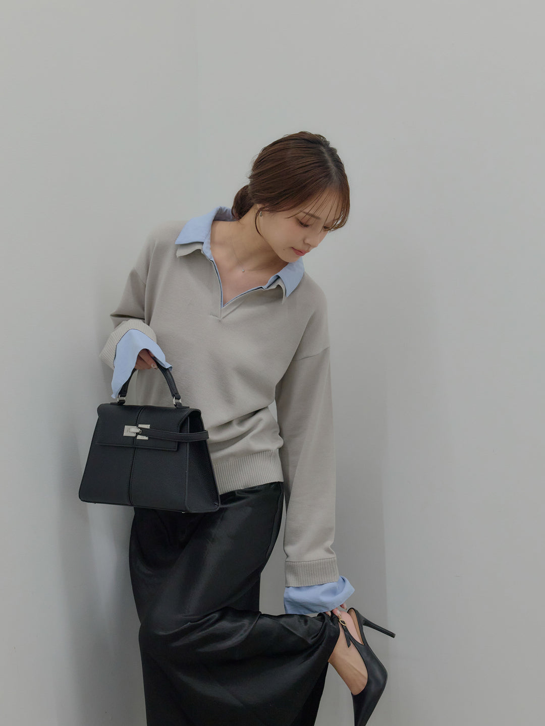 【SET】配色レイヤードプルオーバー+リュクスAラインサテンスカート(2set)