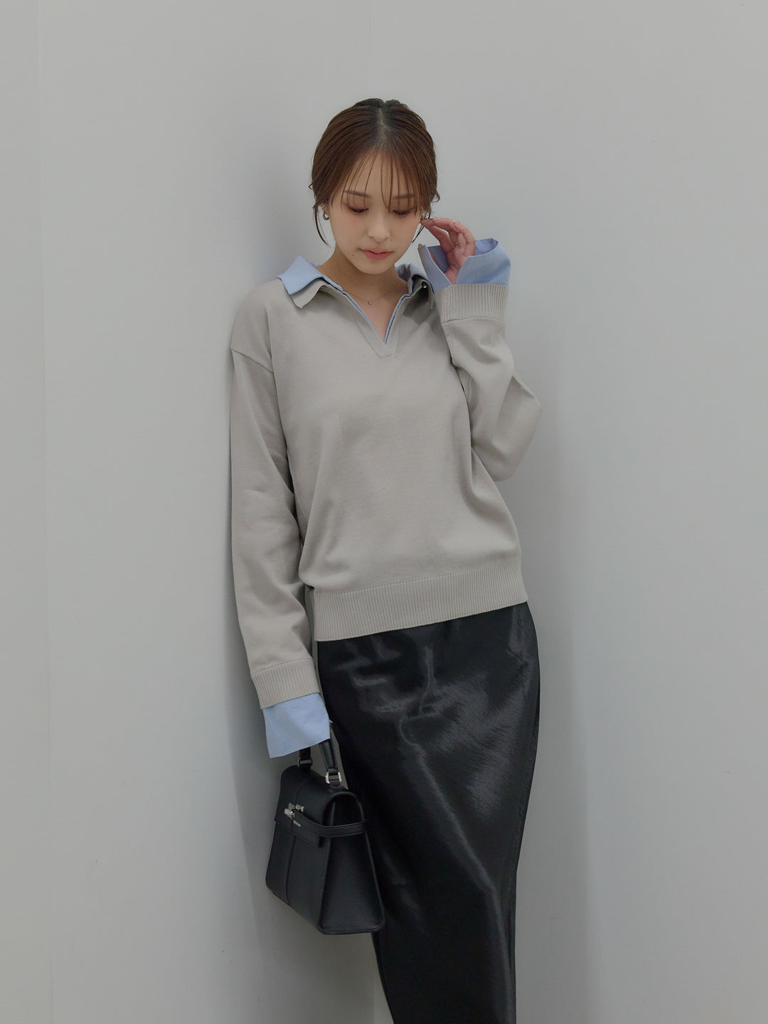 【SET】配色レイヤードプルオーバー+リュクスAラインサテンスカート(2set)