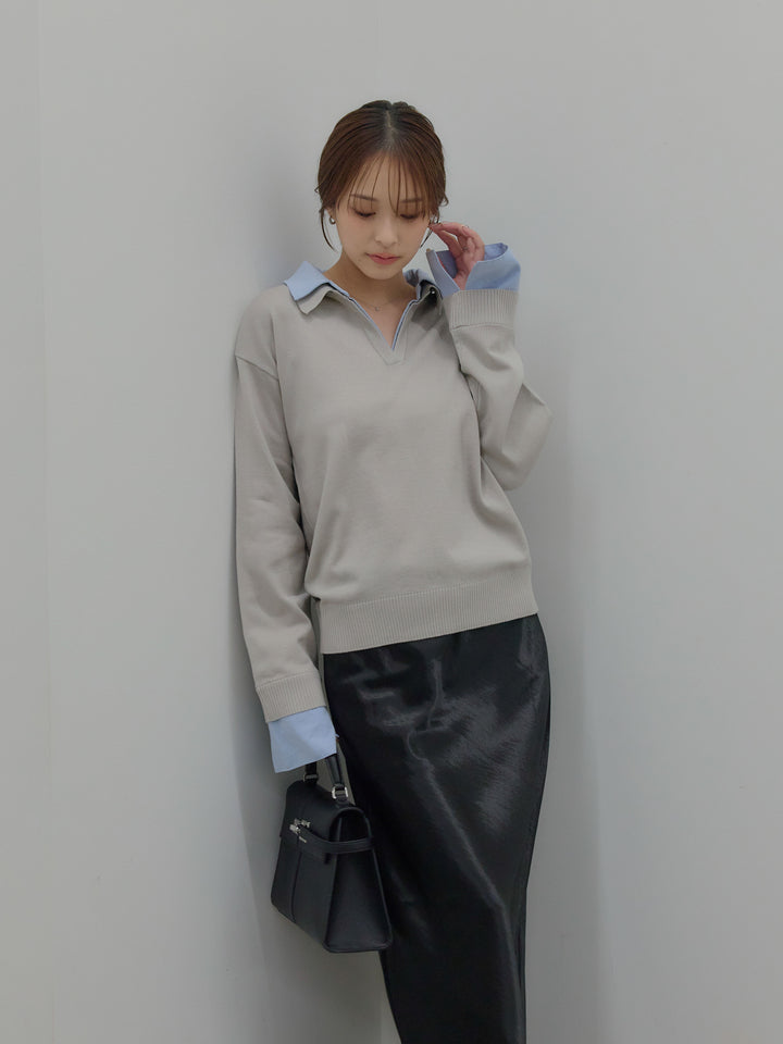 【SET】配色レイヤードプルオーバー+リュクスAラインサテンスカート(2set)