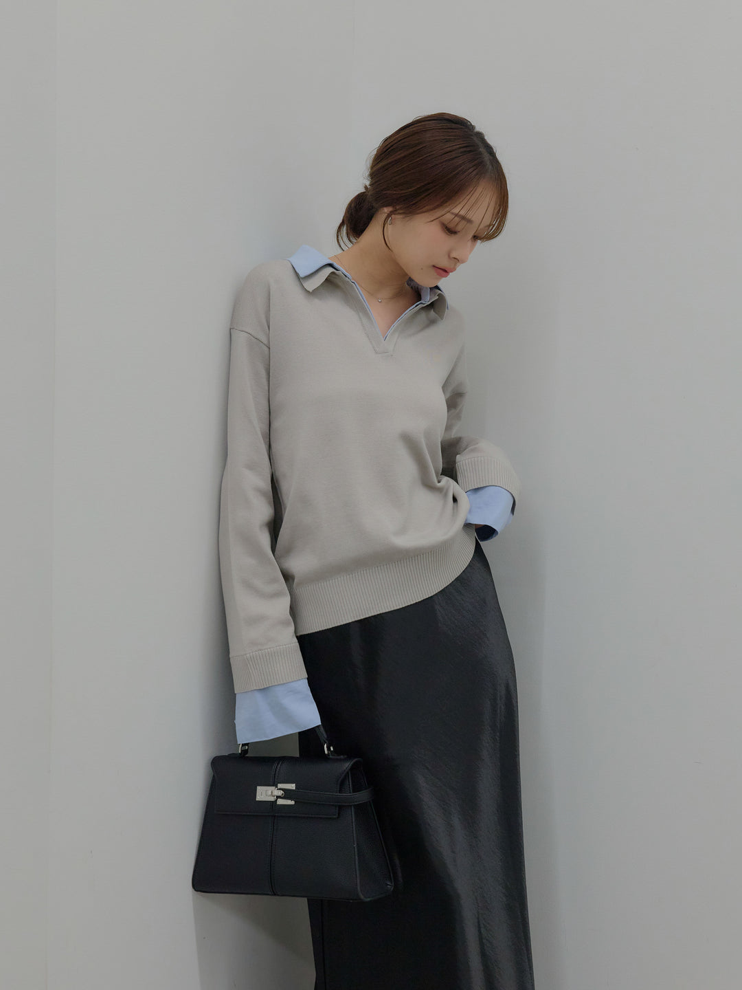 【SET】配色レイヤードプルオーバー+リュクスAラインサテンスカート(2set)