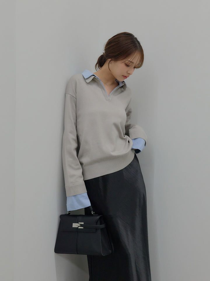 【SET】配色レイヤードプルオーバー+リュクスAラインサテンスカート(2set)