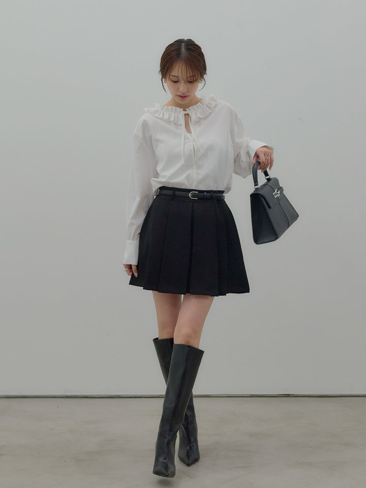 【SET】フリルネックリボンブラウス+ベルト付きプリーツミニスカート(2set)