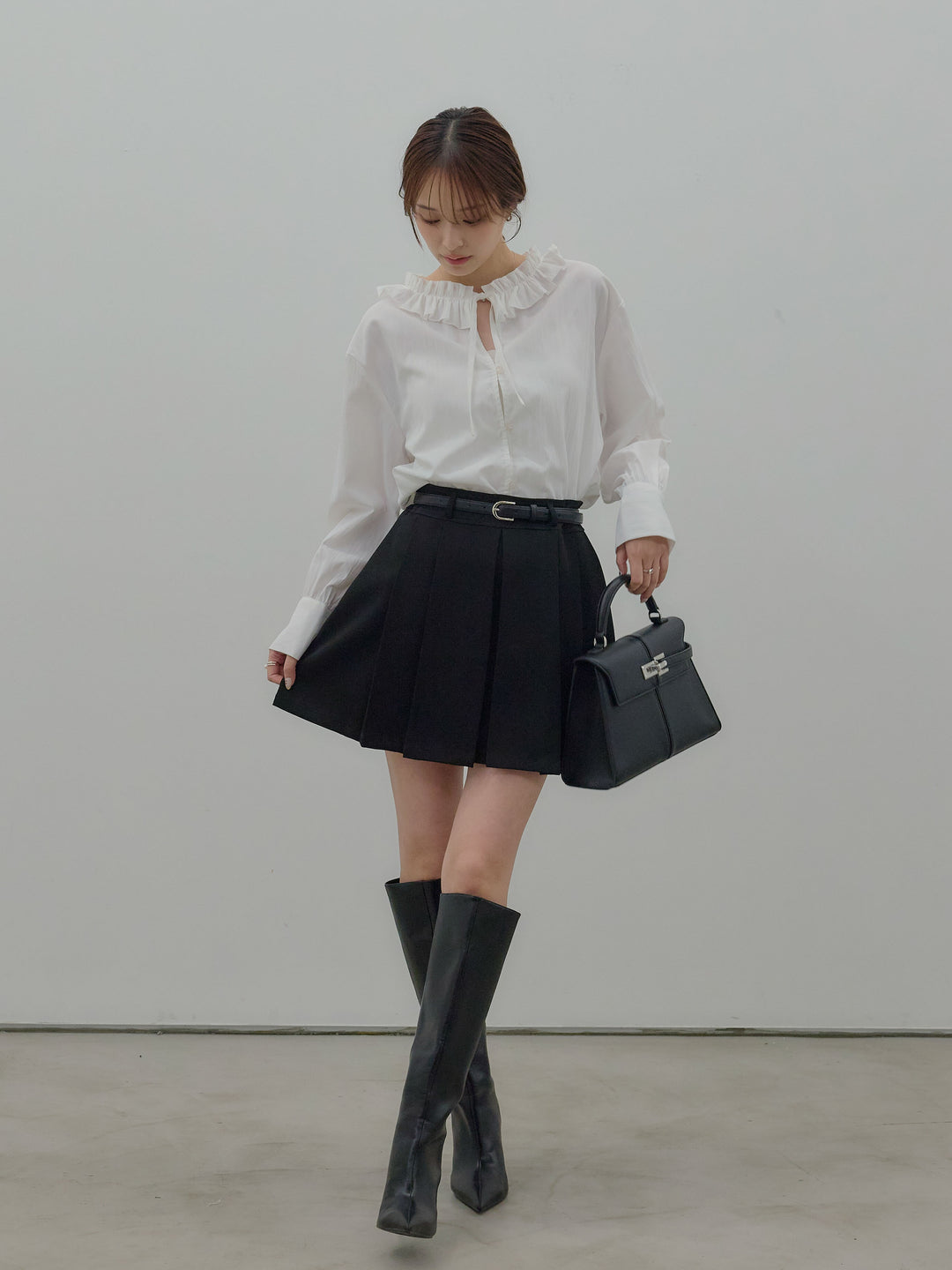 【SET】フリルネックリボンブラウス+ベルト付きプリーツミニスカート(2set)