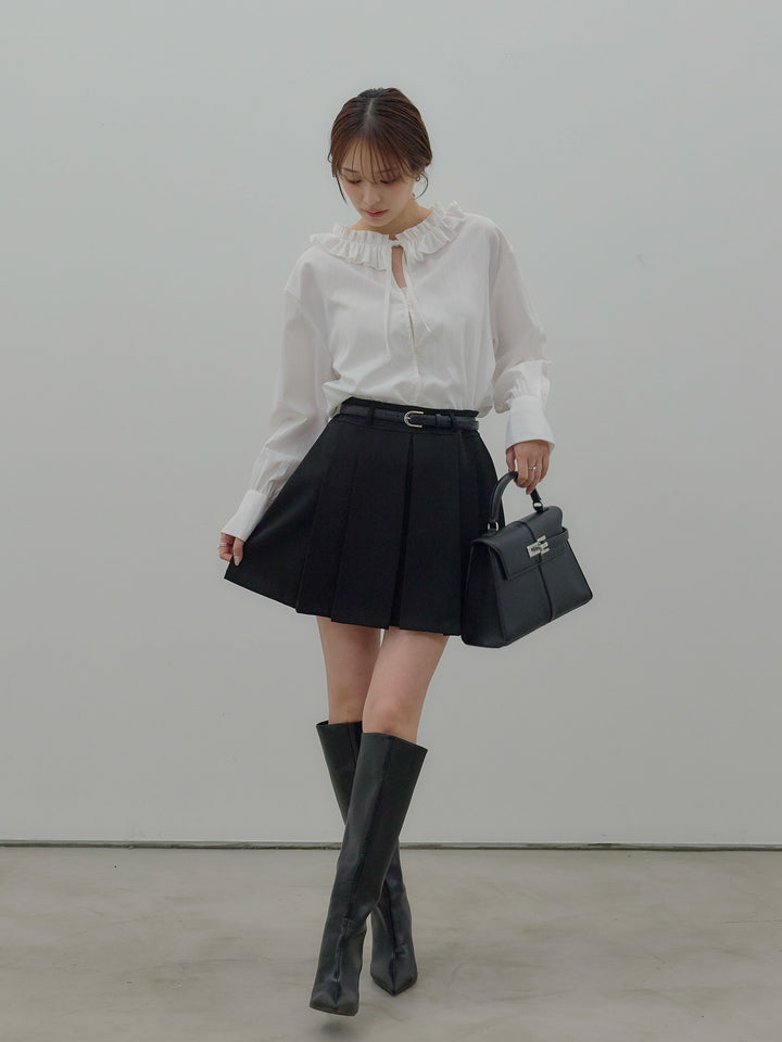 【SET】フリルネックリボンブラウス+ベルト付きプリーツミニスカート(2set)