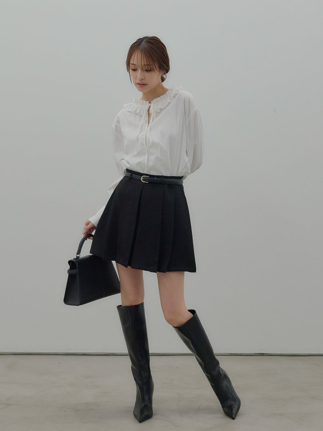【SET】フリルネックリボンブラウス+ベルト付きプリーツミニスカート(2set)