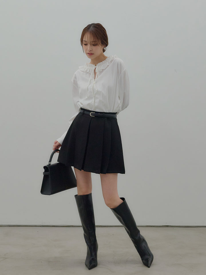 【SET】フリルネックリボンブラウス+ベルト付きプリーツミニスカート(2set)