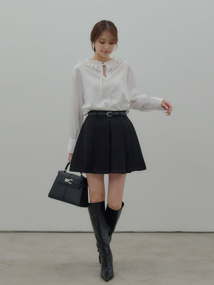 【SET】フリルネックリボンブラウス+ベルト付きプリーツミニスカート(2set)