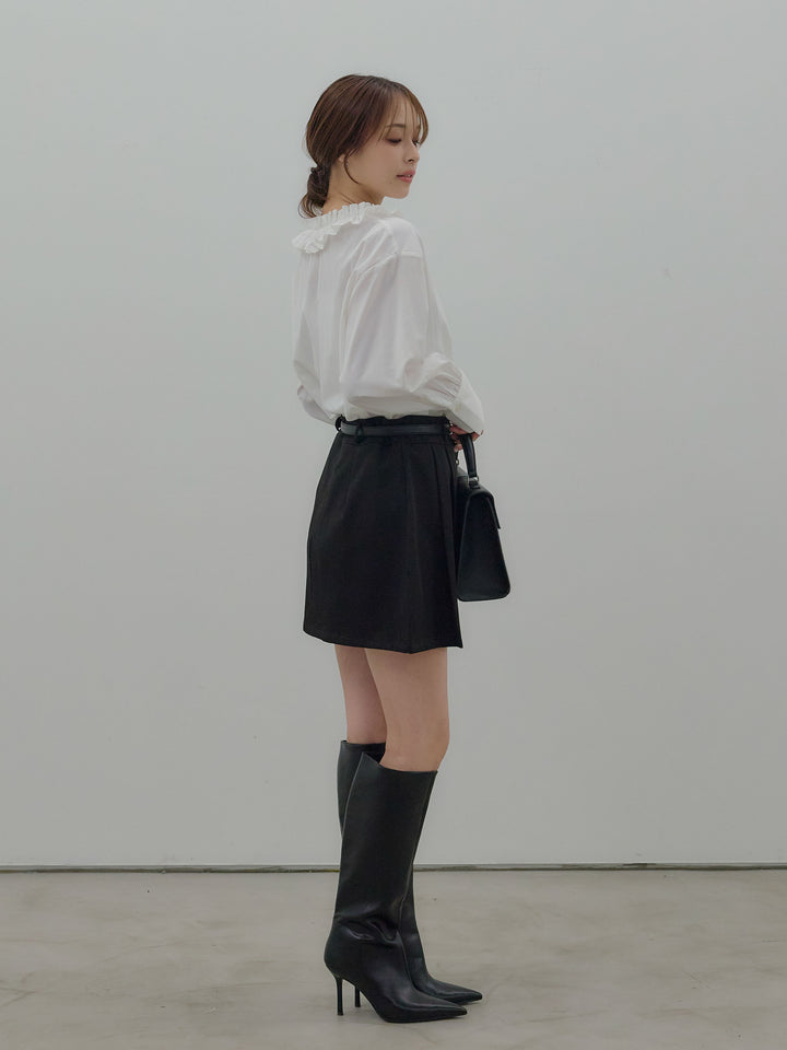 【SET】フリルネックリボンブラウス+ベルト付きプリーツミニスカート(2set)