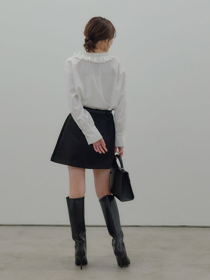 【SET】フリルネックリボンブラウス+ベルト付きプリーツミニスカート(2set)