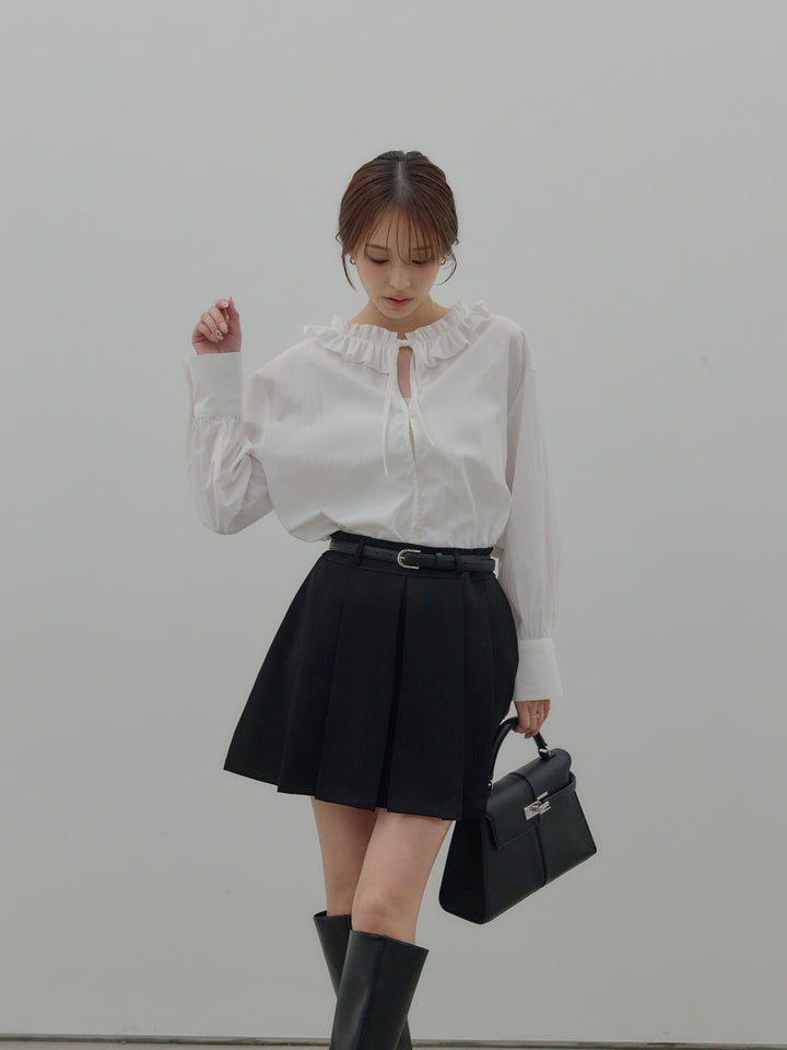 【SET】フリルネックリボンブラウス+ベルト付きプリーツミニスカート(2set)