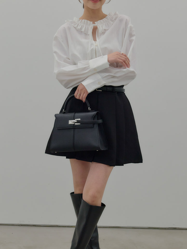 【SET】フリルネックリボンブラウス+ベルト付きプリーツミニスカート(2set)