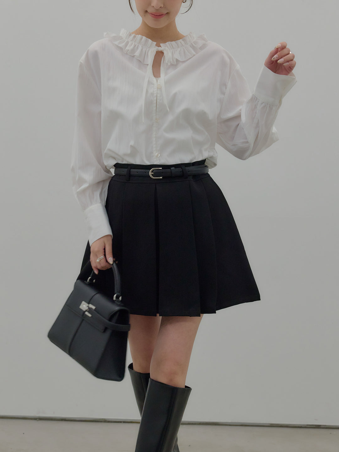 【SET】フリルネックリボンブラウス+ベルト付きプリーツミニスカート(2set)