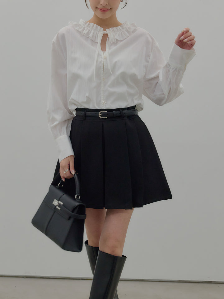 【SET】フリルネックリボンブラウス+ベルト付きプリーツミニスカート(2set)