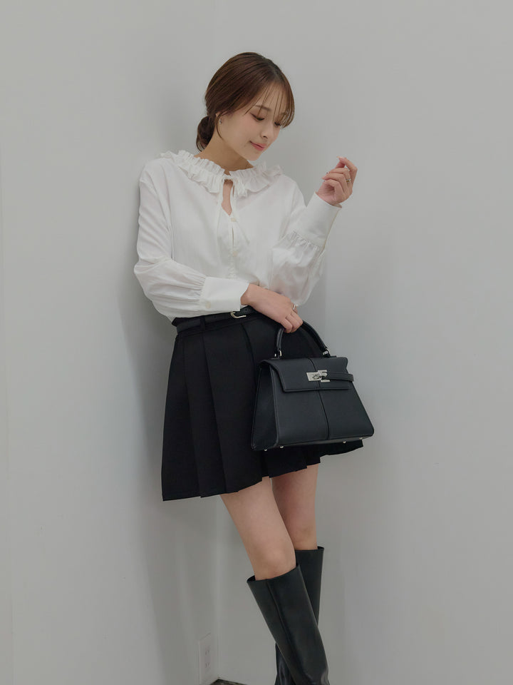 【SET】フリルネックリボンブラウス+ベルト付きプリーツミニスカート(2set)