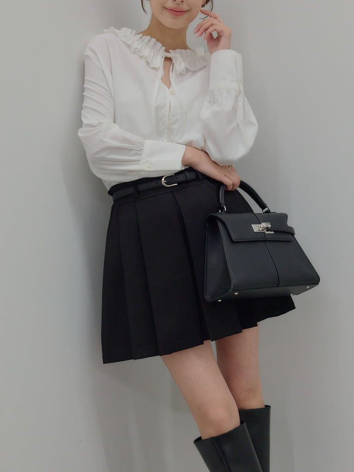 【SET】フリルネックリボンブラウス+ベルト付きプリーツミニスカート(2set)