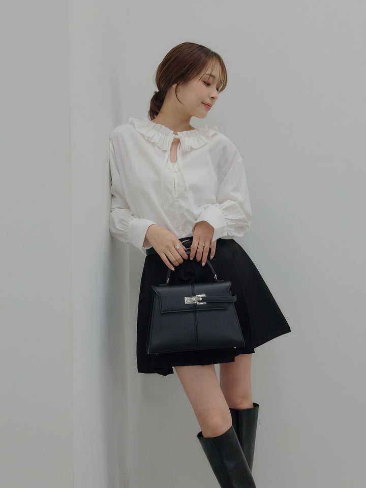 【SET】フリルネックリボンブラウス+ベルト付きプリーツミニスカート(2set)