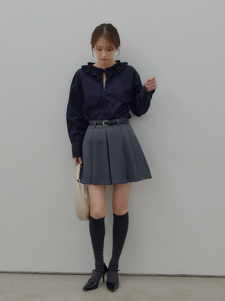 【SET】フリルネックリボンブラウス+ベルト付きプリーツミニスカート(2set)