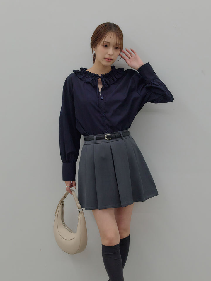 【SET】フリルネックリボンブラウス+ベルト付きプリーツミニスカート(2set)