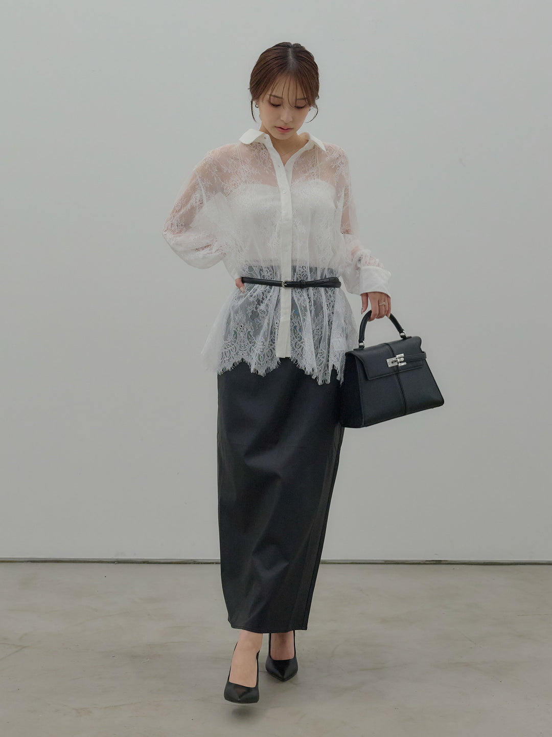 【SET】総レースボリュームスリーブシャツ+フェイクレザーナロースカート(2set)
