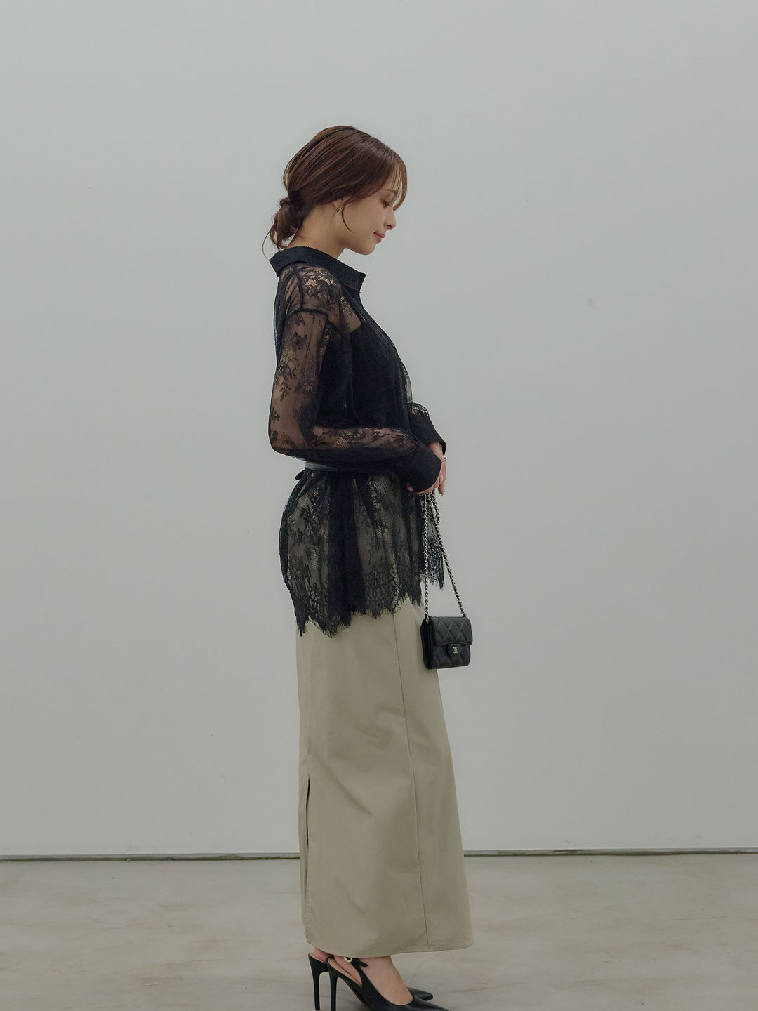 【SET】総レースボリュームスリーブシャツ+フェイクレザーナロースカート(2set)