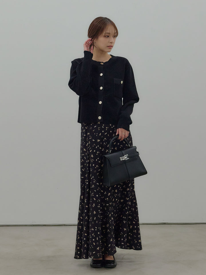 【SET】ゴールドボタンモールニットカーディガン+フラワーパターンマーメイドフレアスカート(2set)