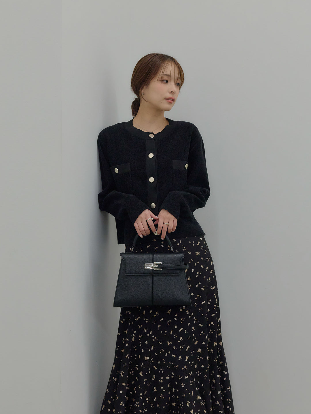 【SET】ゴールドボタンモールニットカーディガン+フラワーパターンマーメイドフレアスカート(2set)