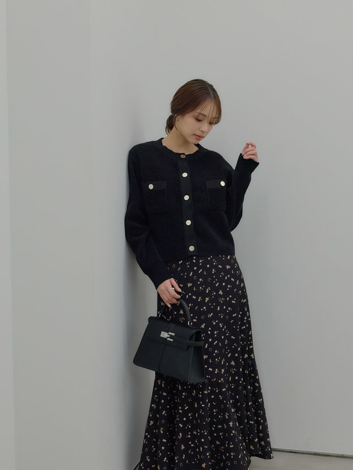 【SET】ゴールドボタンモールニットカーディガン+フラワーパターンマーメイドフレアスカート(2set)