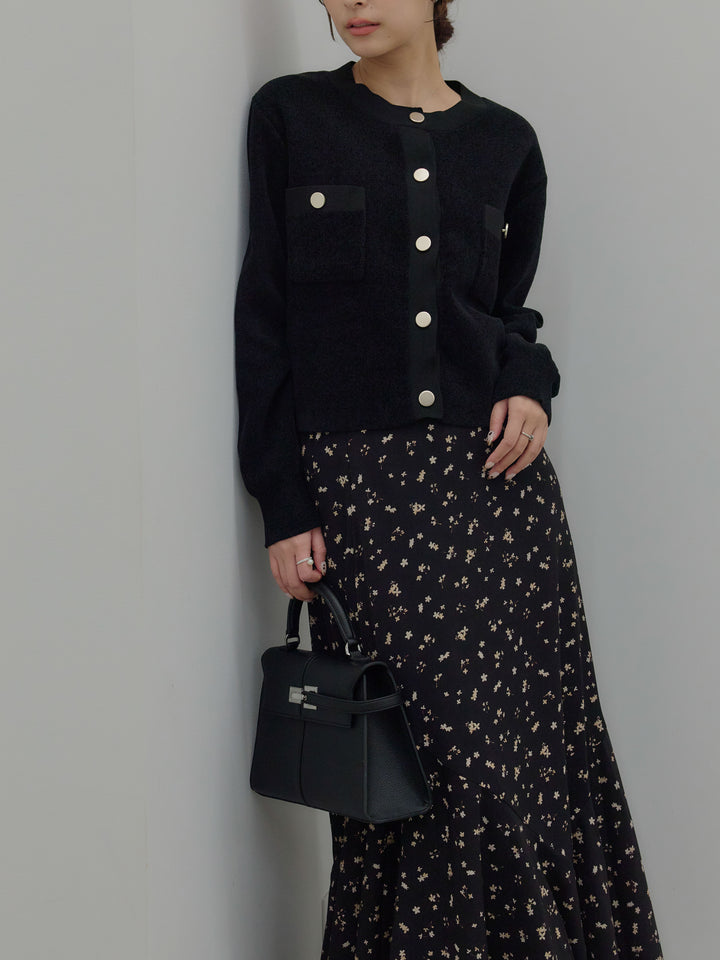 【SET】ゴールドボタンモールニットカーディガン+フラワーパターンマーメイドフレアスカート(2set)