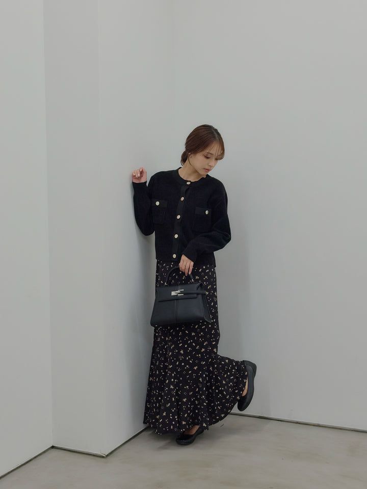 【SET】ゴールドボタンモールニットカーディガン+フラワーパターンマーメイドフレアスカート(2set)