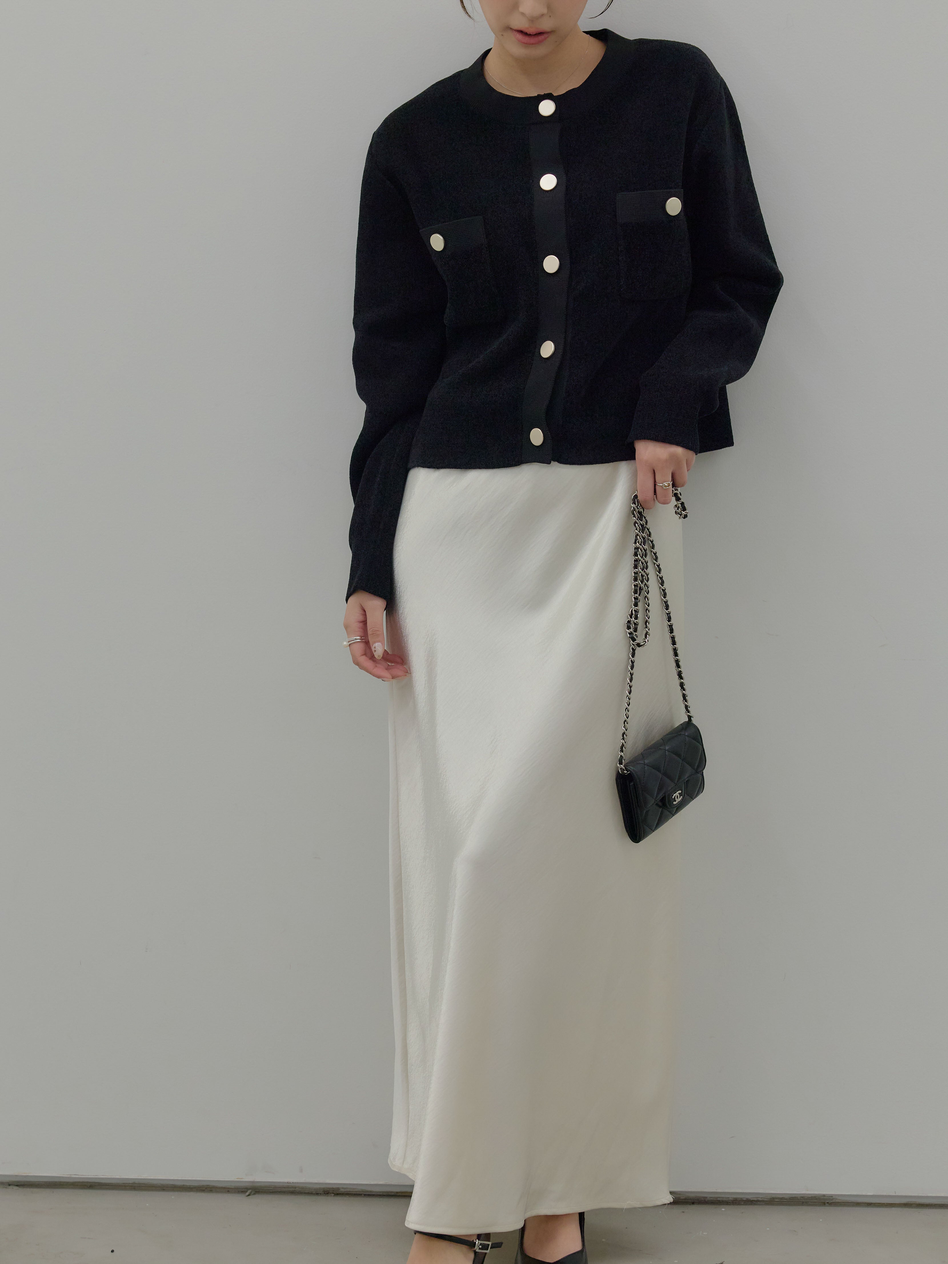 SET】ゴールドボタンモールニットカーディガン+リュクスAラインサテン