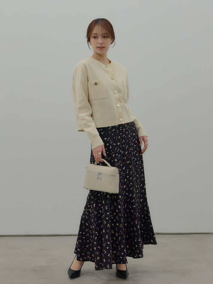 【SET】ゴールドボタンモールニットカーディガン+フラワーパターンマーメイドフレアスカート(2set)