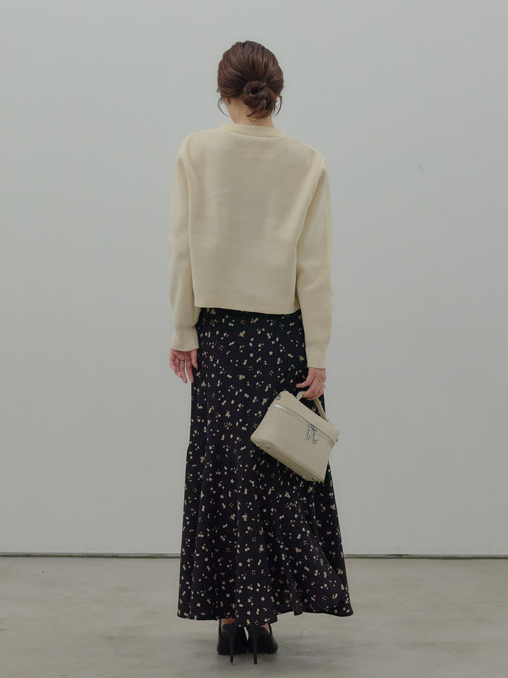 【SET】ゴールドボタンモールニットカーディガン+フラワーパターンマーメイドフレアスカート(2set)