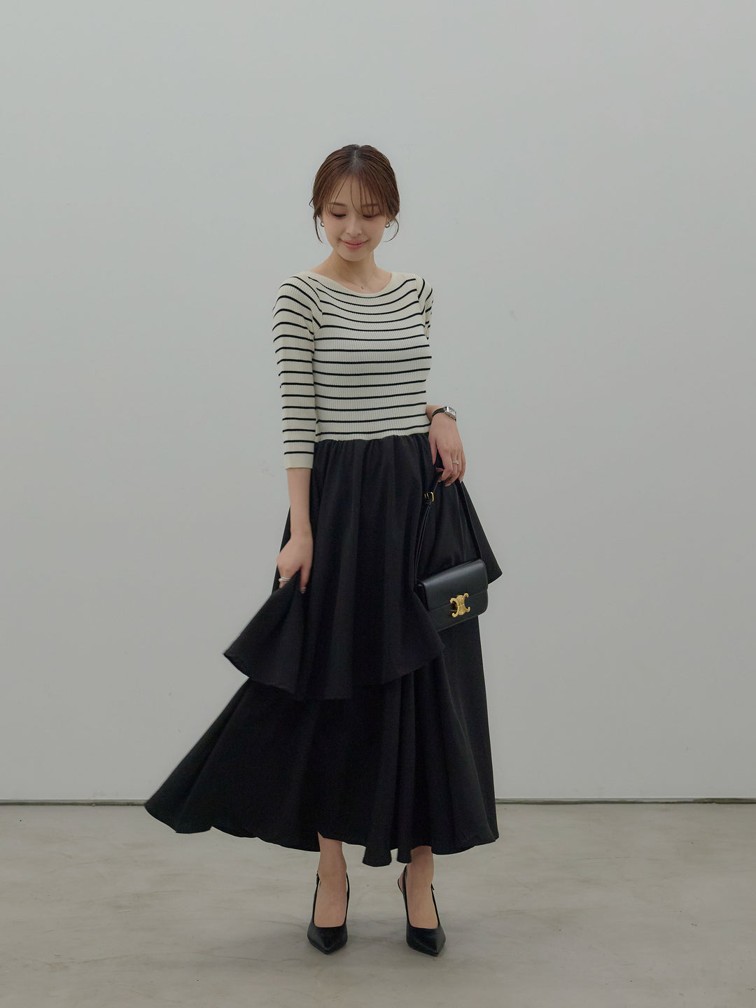 【Essential】7部袖リブドッキングワンピース