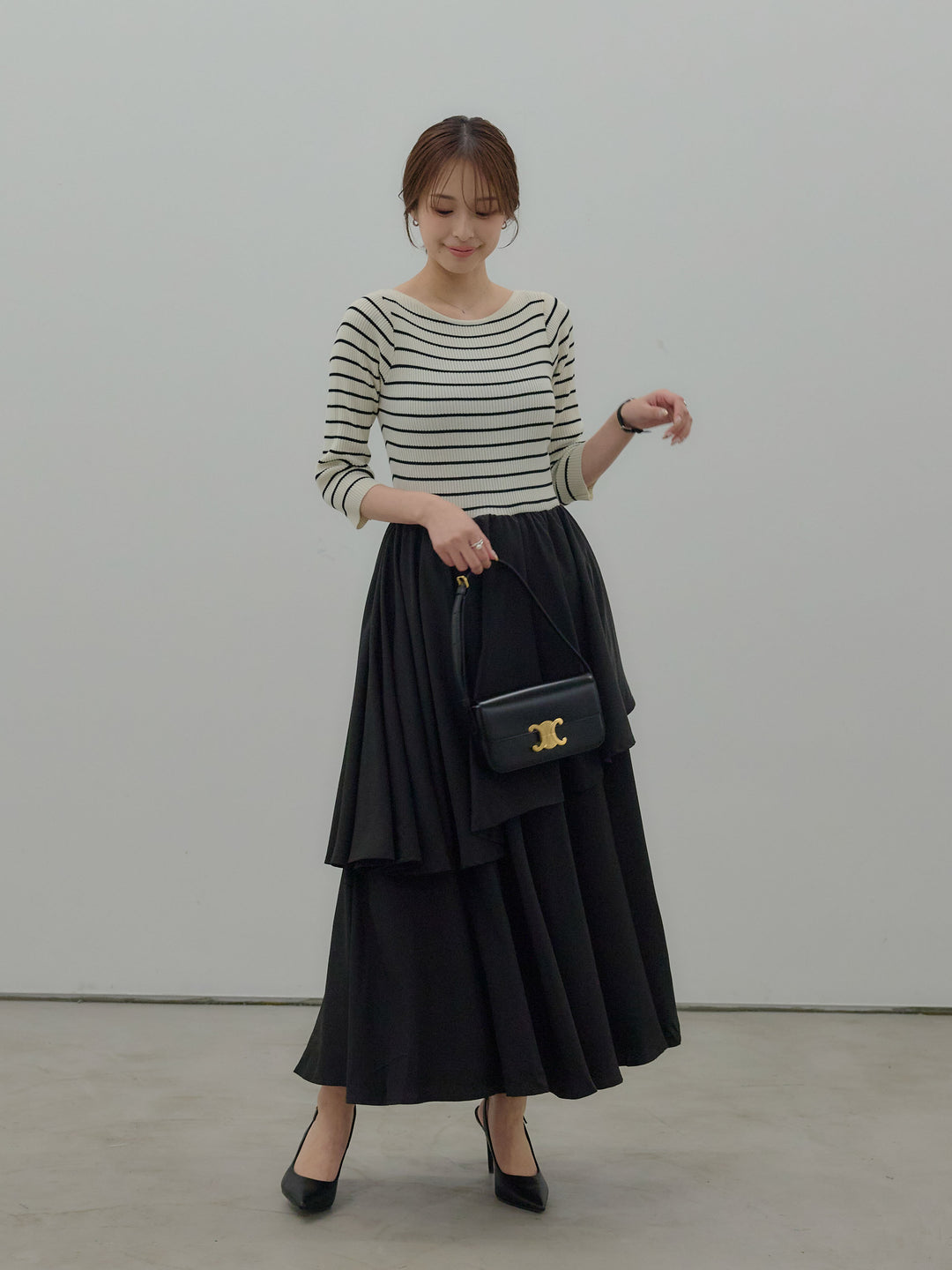 【Essential】7部袖リブドッキングワンピース