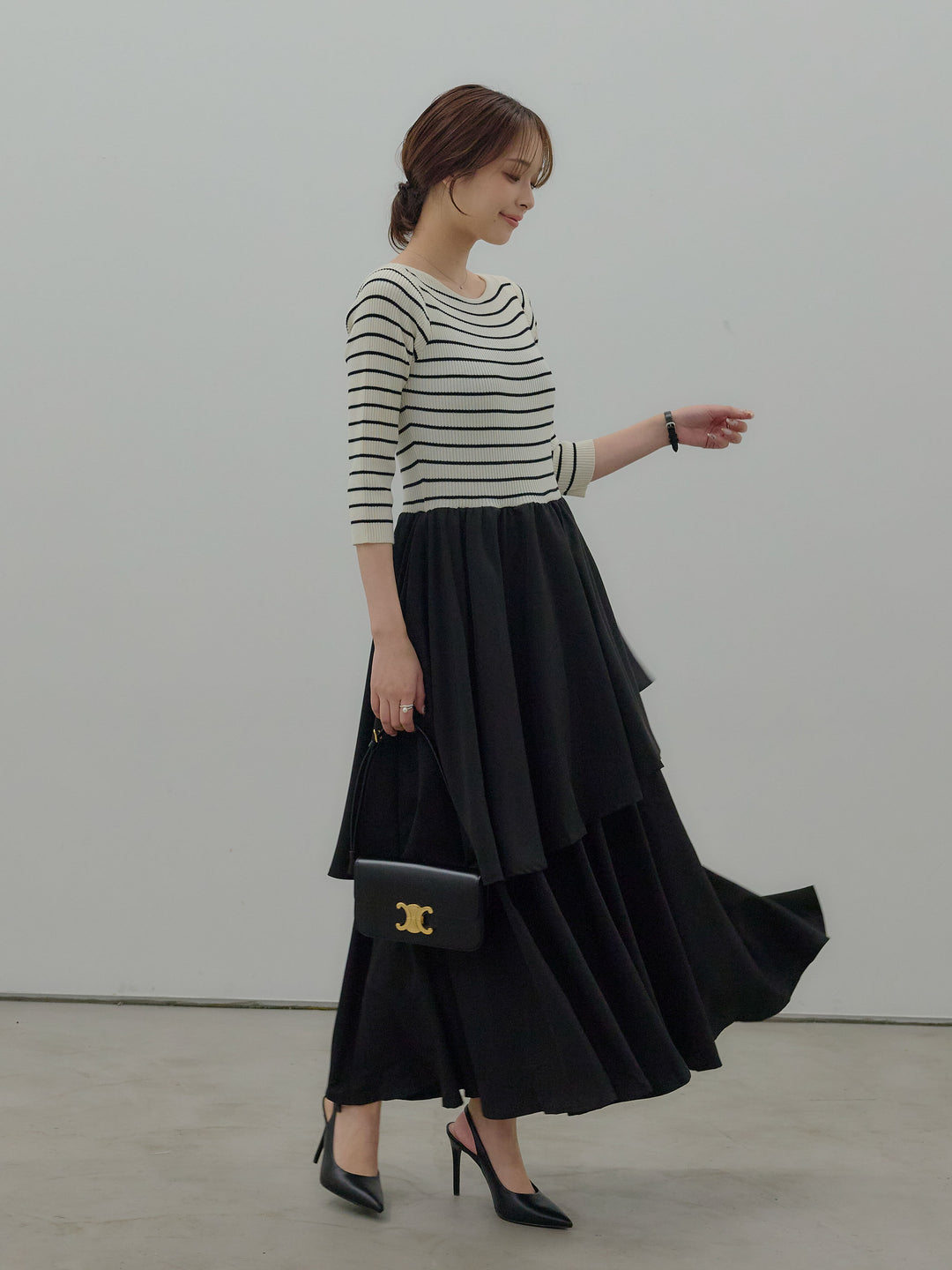 【Essential】7部袖リブドッキングワンピース