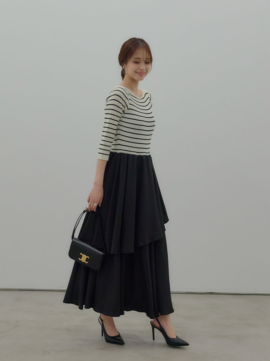 【Essential】7部袖リブドッキングワンピース