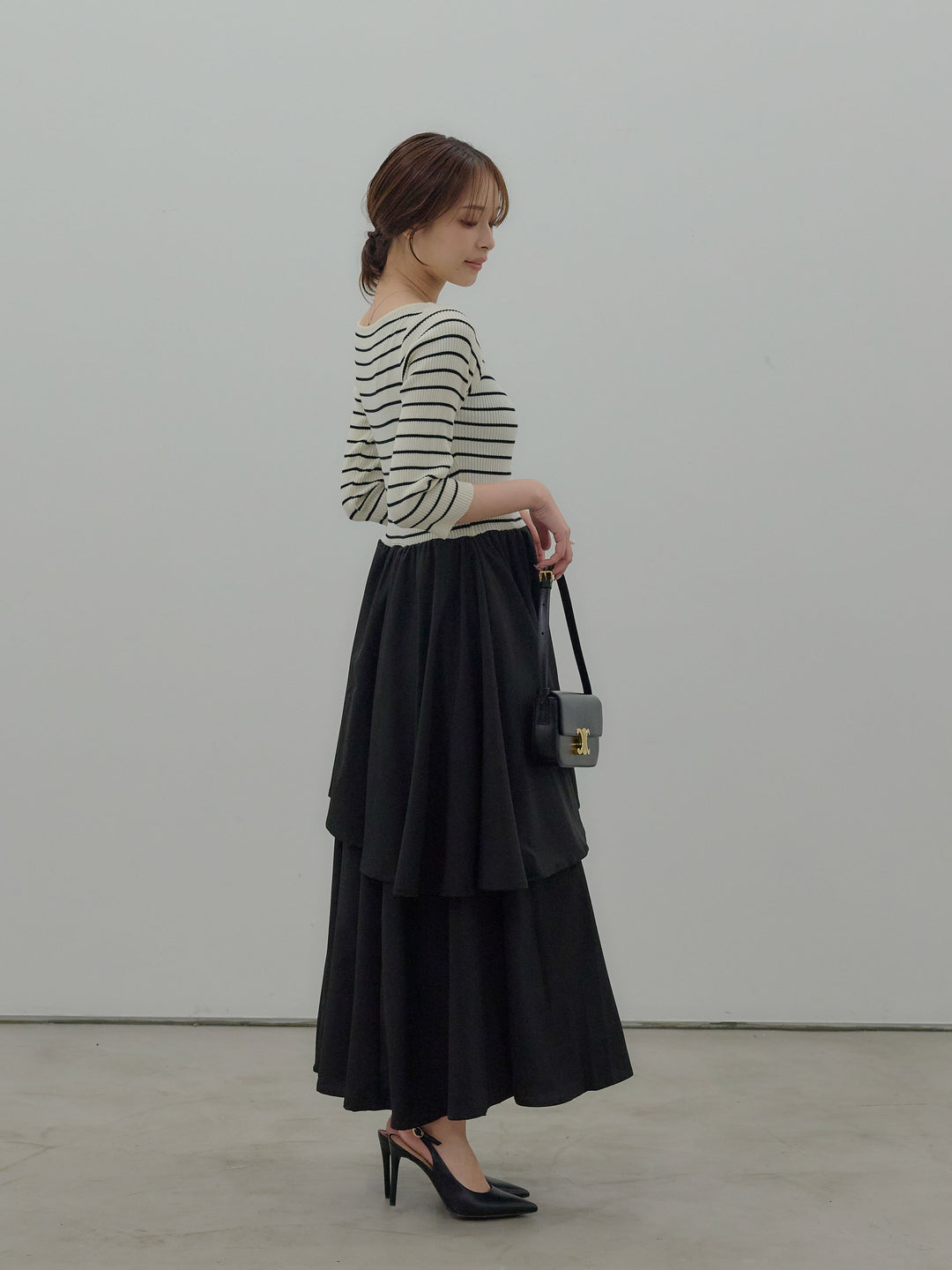 【Essential】7部袖リブドッキングワンピース