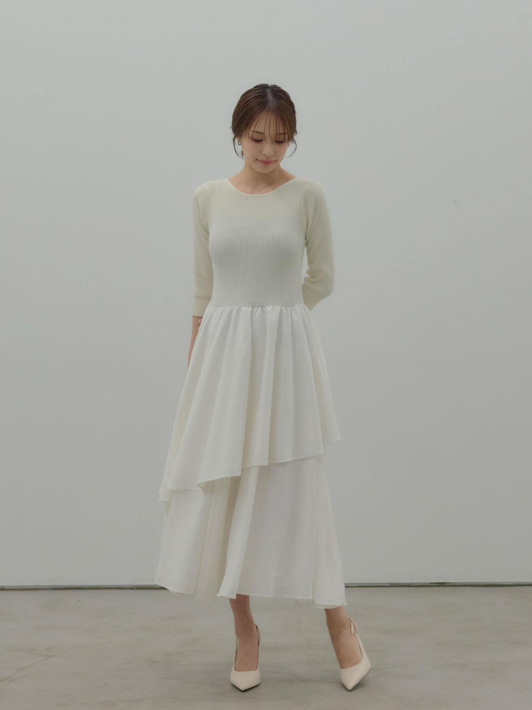 【Essential】7部袖リブドッキングワンピース