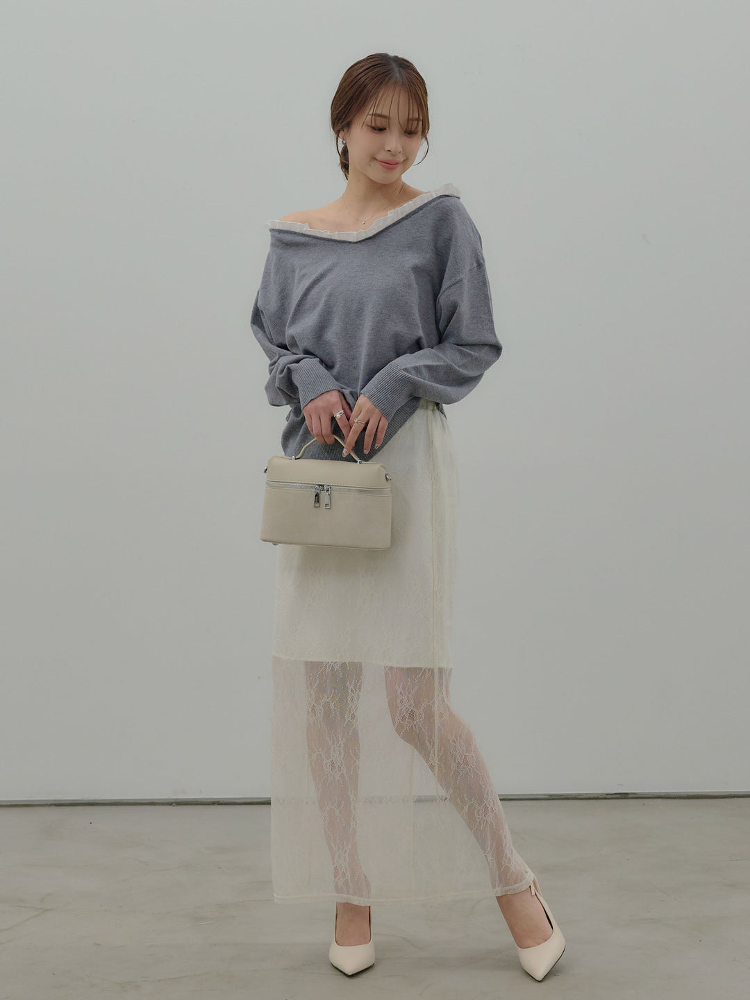 異素材コンビオフショルプルオーバー