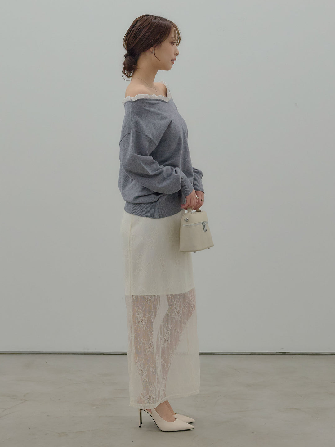 異素材コンビオフショルプルオーバー