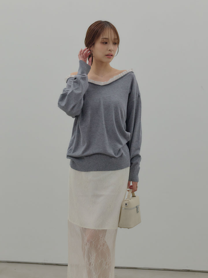 異素材コンビオフショルプルオーバー