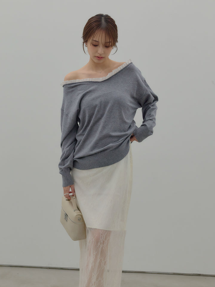 異素材コンビオフショルプルオーバー