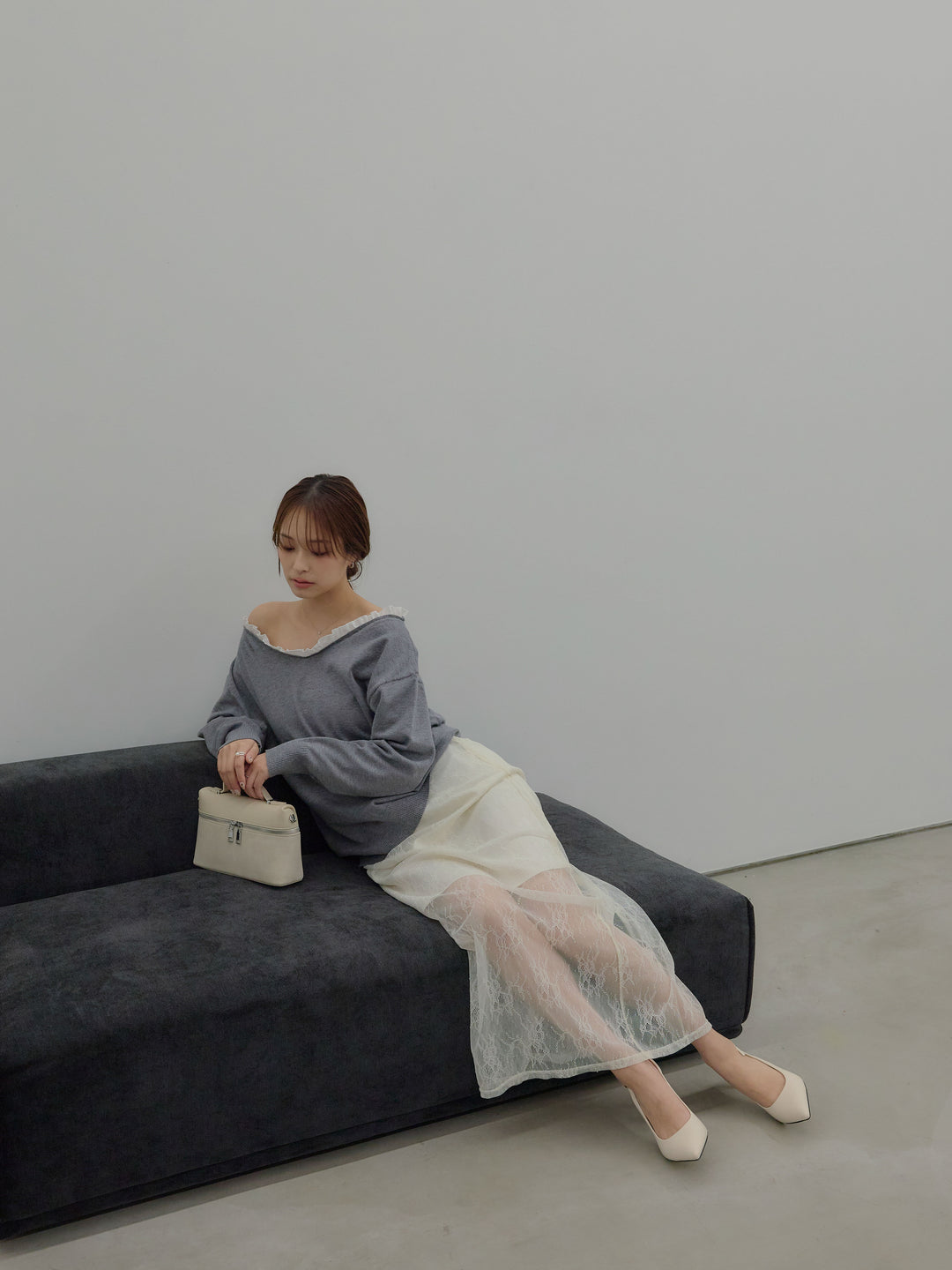 異素材コンビオフショルプルオーバー